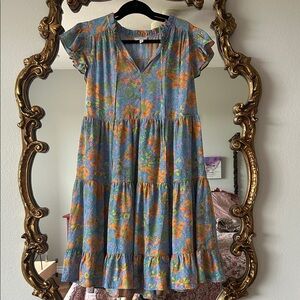 Current Air NWOT Blue Floral Tiered V-Neck Dress with Orange Accents